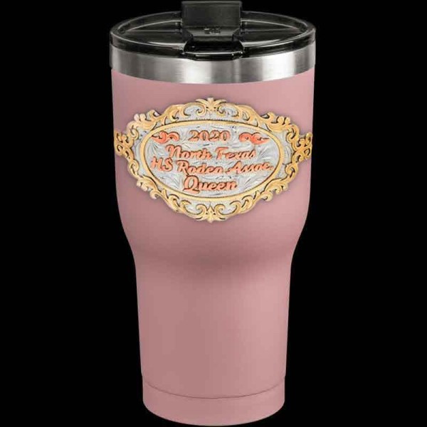 Customize your own Saanen Custom Tumbler and make a statement wherever you go. Yes, this 30 oz. thermal cup is beautifully hand engraved and features a unique bronze filigrane frame with copper lettering.